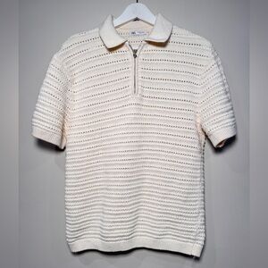 Zara Knit Polo Sweater Women’s Size Medium  | Cream Short Sleeve Quarter Zip